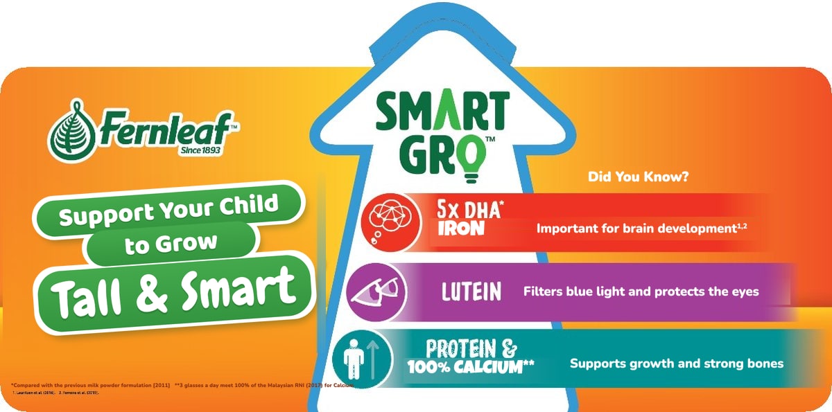 Support your child to grow tall & smart — Fernleaf SMARTGRO with 5× DHA & Iron important for brain development, Lutein that filters blue light and protects the eyes, and Protein & 100% Calcium supporting growth and strong bones