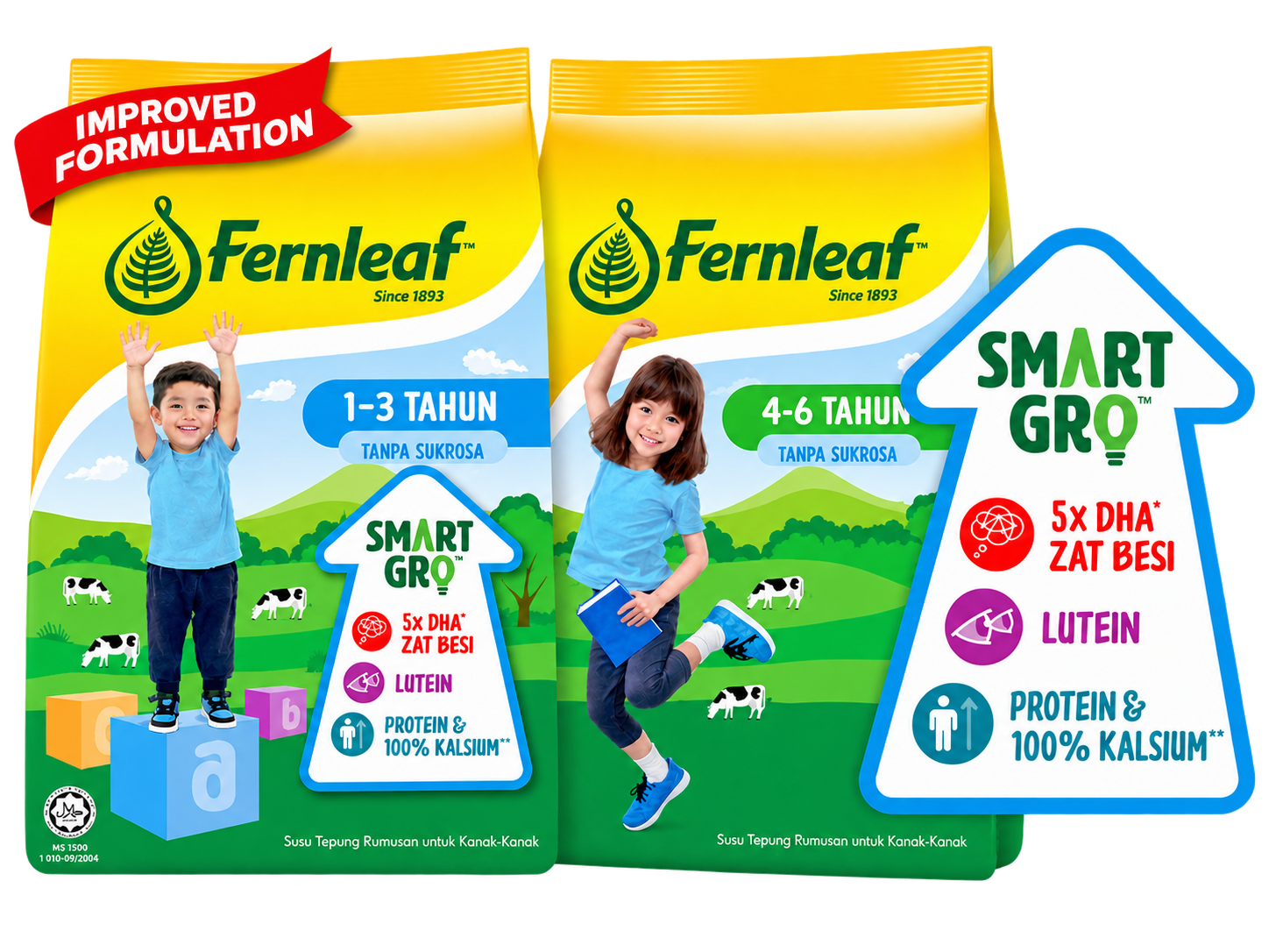 Fernleaf SMARTGRO improved formulation — Fernleaf 1-3 Tahun and 4-6 Tahun no-sucrose milk packs beside the SMARTGRO arrow listing 5× DHA & iron, lutein, and protein & 100% calcium