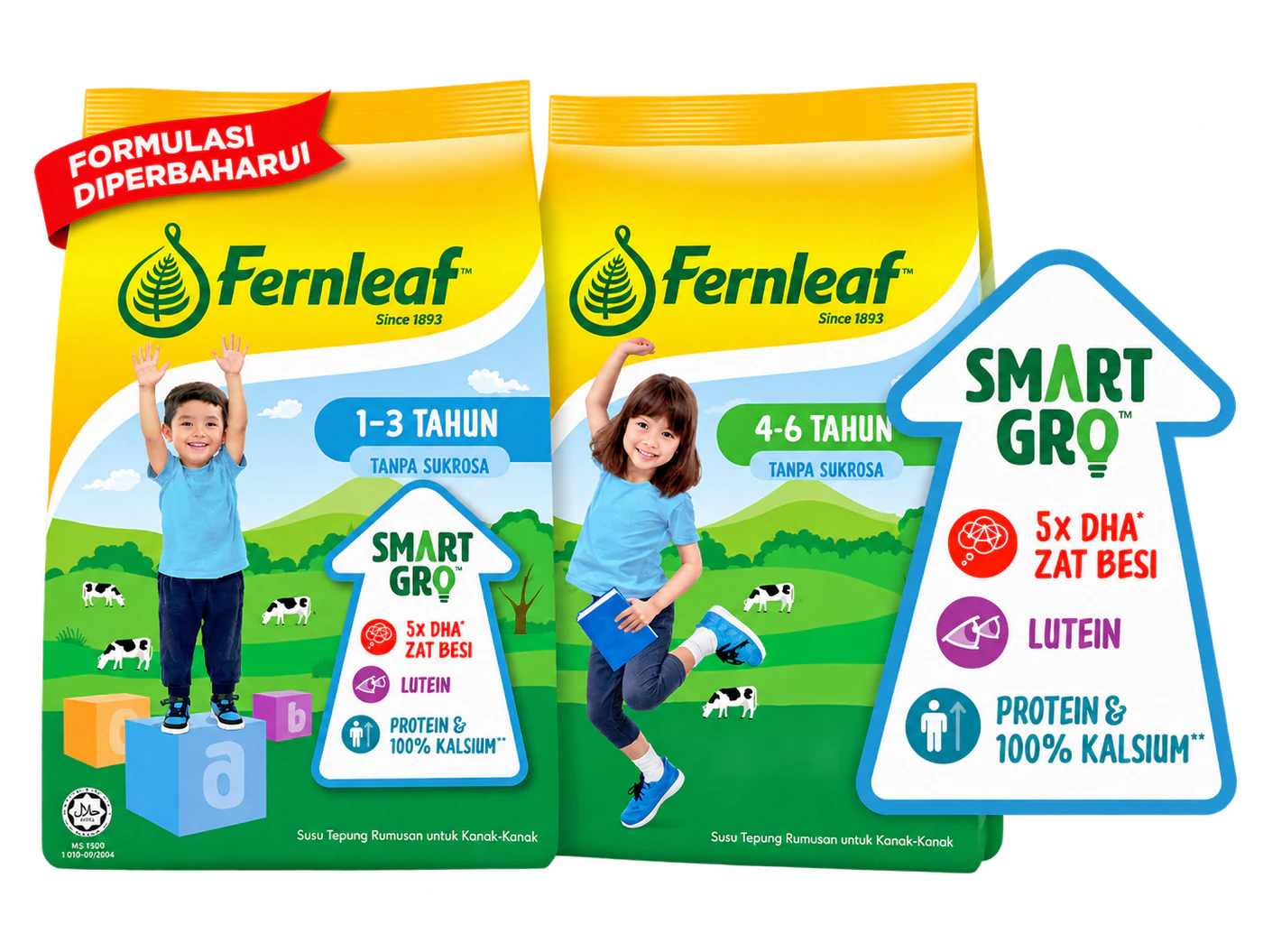 Fernleaf SMARTGRO updated formulation (Formulasi Diperbaharui) — Fernleaf 1-3 Tahun and 4-6 Tahun no-sucrose milk packs beside the SMARTGRO arrow listing 5× DHA & iron, lutein, and protein & 100% calcium